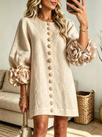 Women's 3D Floral Accent Button-Down Linen Mini Dress