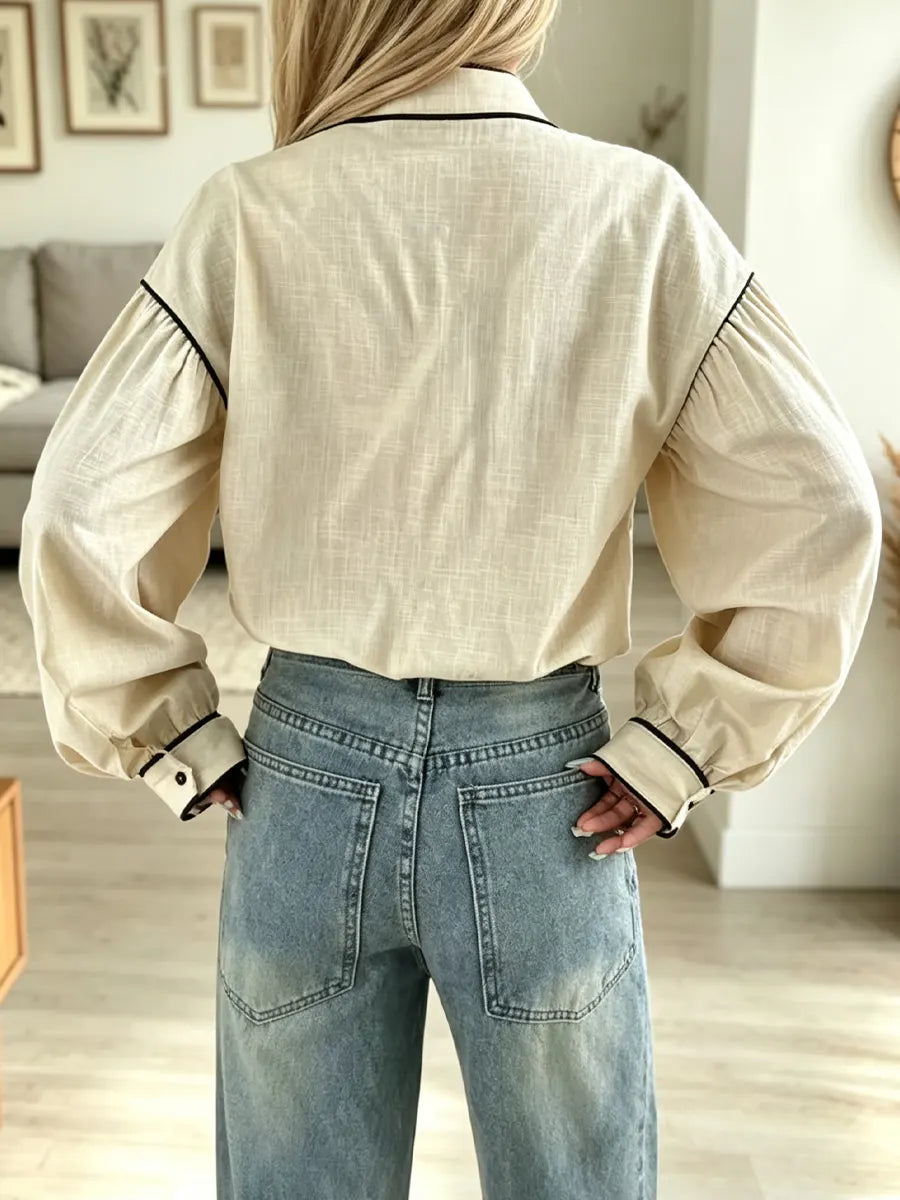 Retro Color Block Art Stand Collar Casual Long Sleeve Cotton Shirt