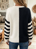 Women's Split Color Block Cat Face Jacquard Sweater, Striped Long Sleeve Crew Neck Knit Pullover