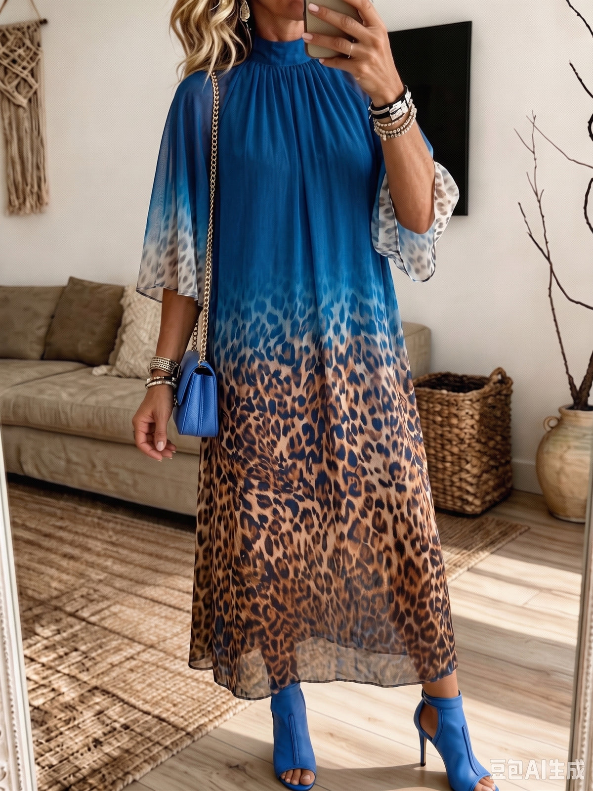 Women Ombre Leopard Print High Neck Midi Dress Flutter Half Sleeve Chiffon Loose Long Dress
