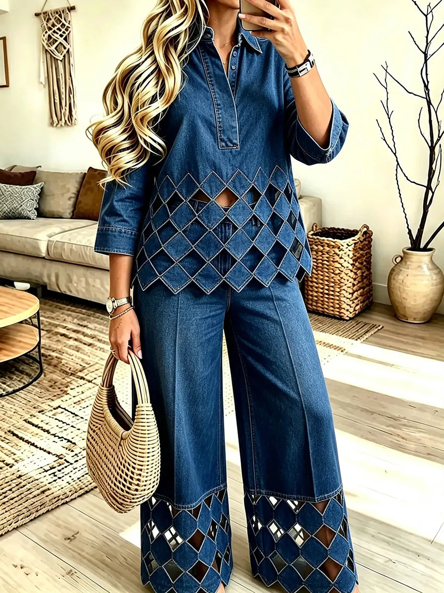 Women's Diamond-pattern Cutout Denim Three-quarter Sleeve Top Wide-leg Pants Two-piece Set