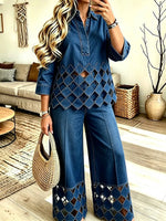 Women's Diamond-pattern Cutout Denim Three-quarter Sleeve Top Wide-leg Pants Two-piece Set