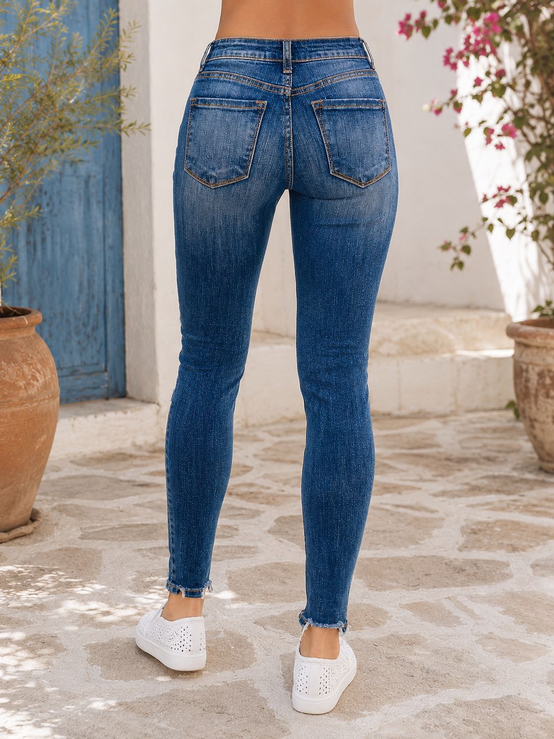 Women Distressed Ripped Raw Hem Ankle Skinny Stretch Denim Jeans