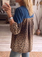 Vintage Elegant Denim Patchwork Hollowed Out Lace Leopard Print Shirt