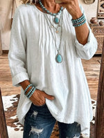 Solid Color Round Neck Art Casual Long Sleeve Cotton Linen Shirt