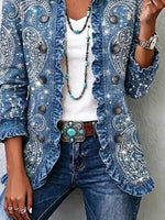 Retro Floral Shiny Pattern Art Print Ruffle Casual Stylish Denim Lapel Coat