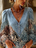 Retro Leopard Pattern Art Print Casual Stylish Denim Patchwork Long Sleeve Shirt