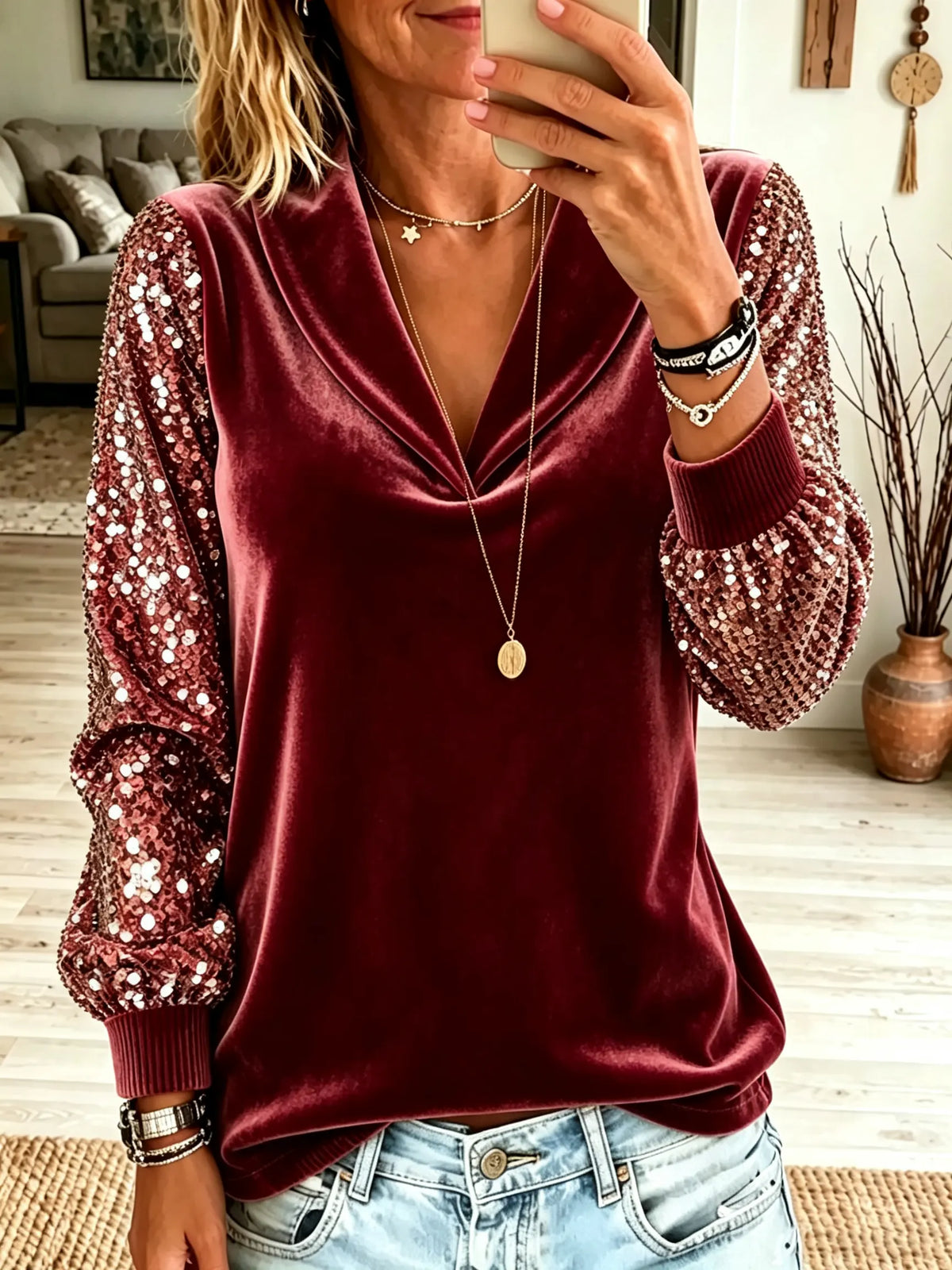 Women's Sequin Sleeve Velvet V-Neck Top