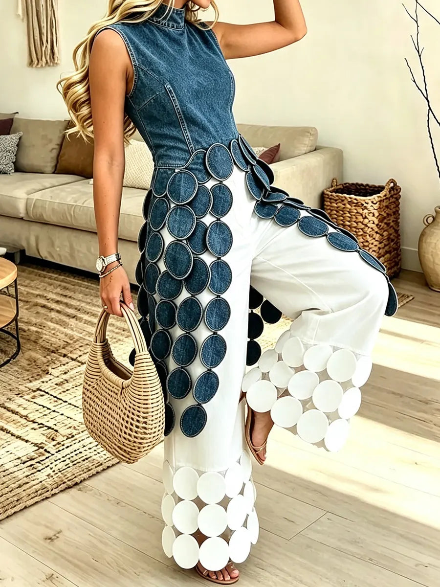 Women's Hollow-out Patch Wide-leg Pants