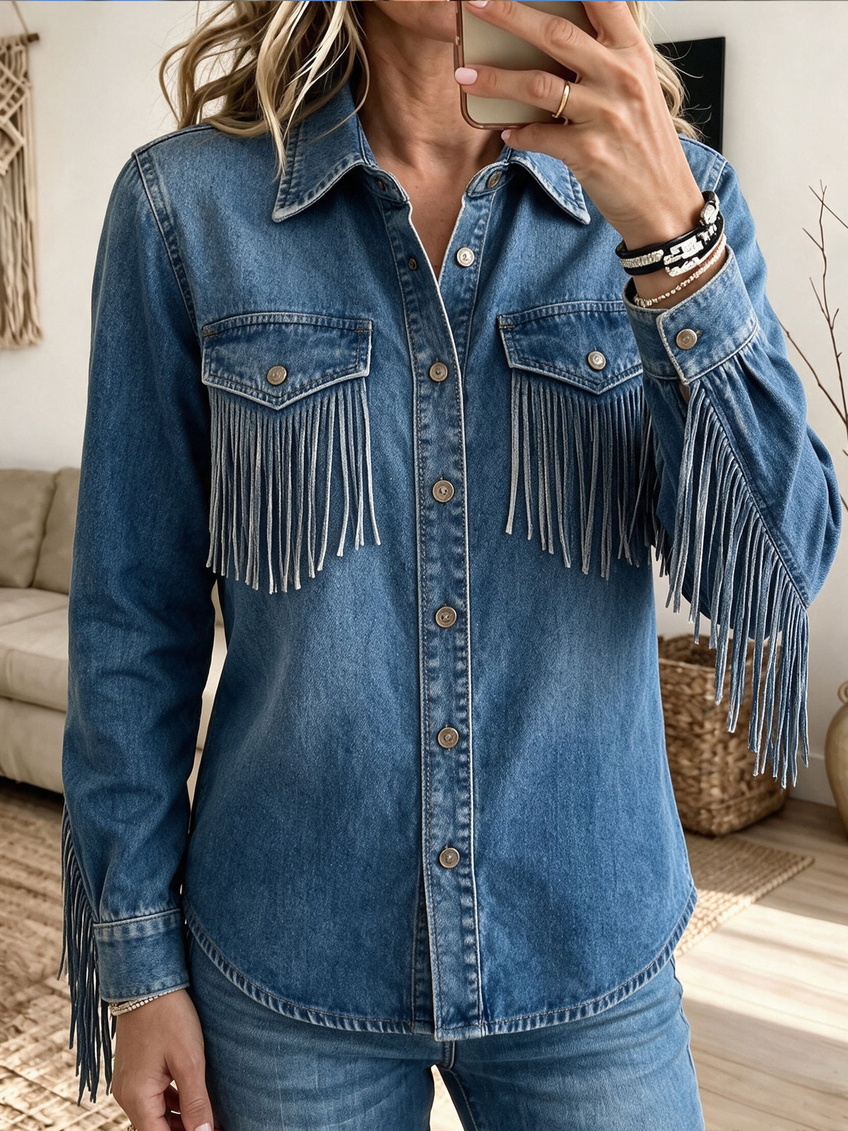 Women Fringe Trim Denim Jacket Classic Turn Collar Long Sleeve Button Down Casual Outerwear
