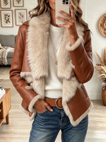 Women's Brown Faux Leather Aviator Jacket with Contrast Cream Shearling Trim