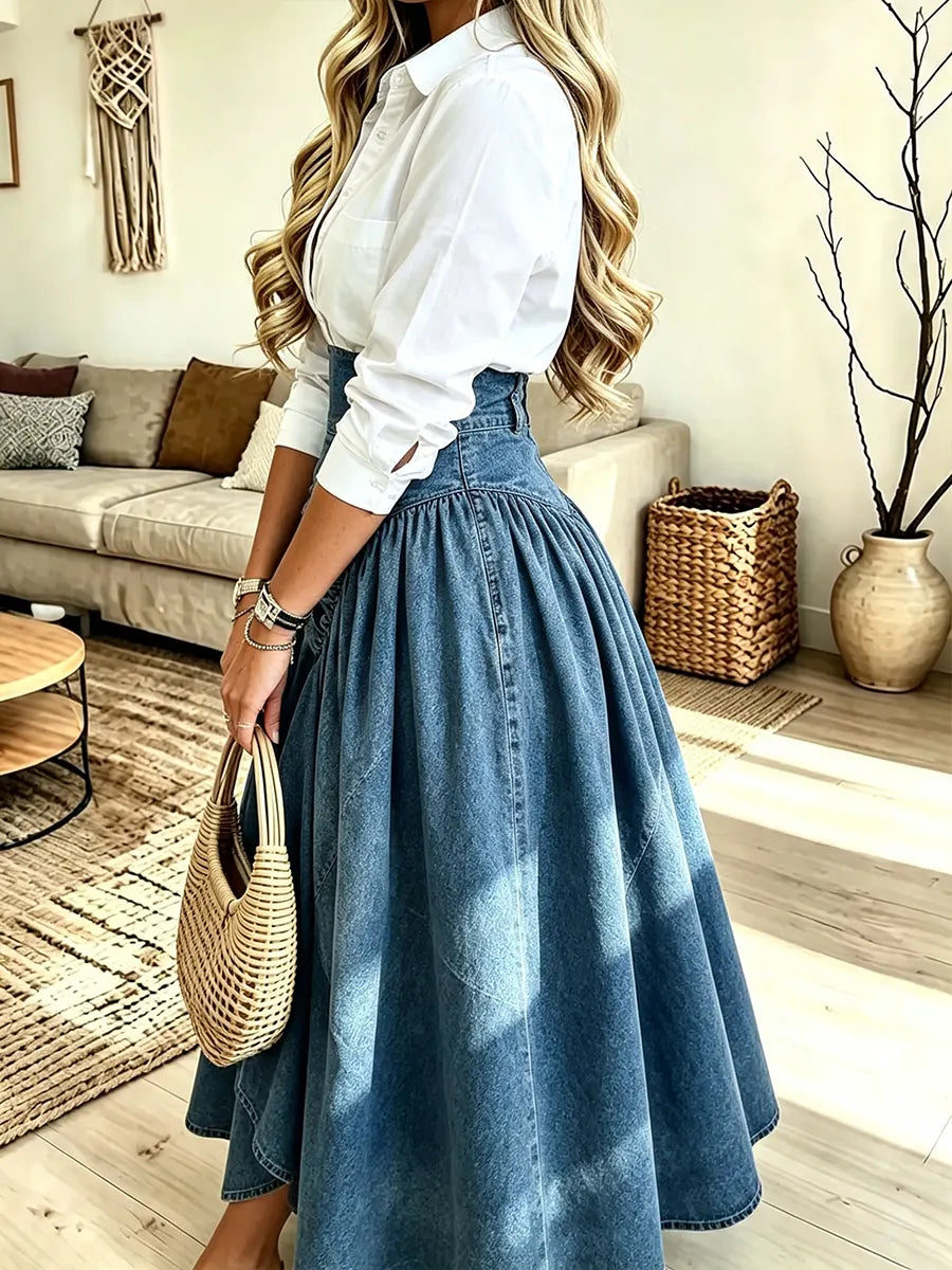 Women's High-waist Pleated Denim Flared Skirt
