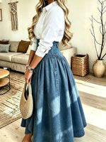 Women's High-waist Pleated Denim Flared Skirt
