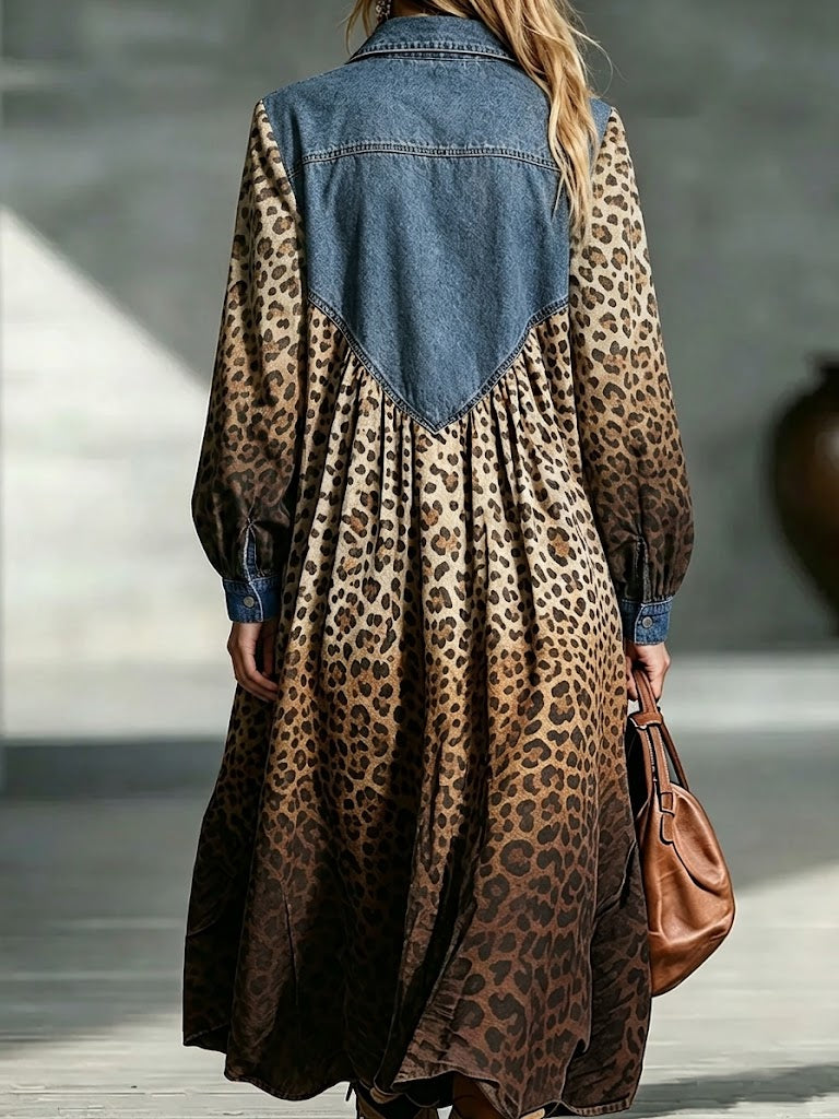 Vintage Denim Yoke Leopard Long Sleeve Maxi Dress