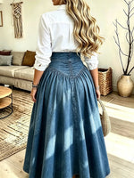 Women's High-waist Pleated Denim Flared Skirt