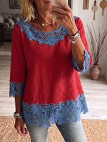 Vintage Elegant Pattern Print Patchwork Hollowed Out Lace Shirt