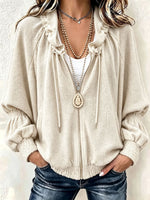 Women Drawstring Ruched Collar Full‑Zip Batwing Sleeve Textured Jacket