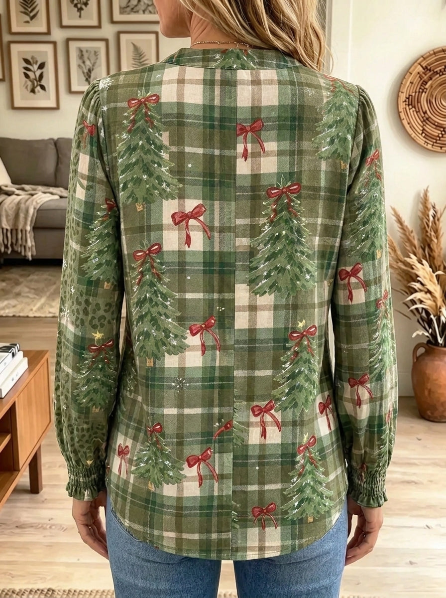 Women's Christmas Tree Plaid Ruffled Button-Down Blouse