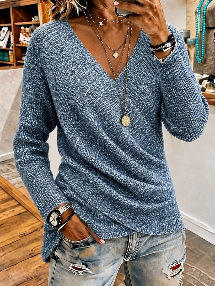 Women Surplice Wrap V‑Neck Draped Long Sleeve Knit Sweater