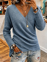 Women Surplice Wrap V‑Neck Draped Long Sleeve Knit Sweater