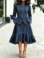 Women Heart‑Stitched Peplum Denim Midi Dress Zip Long Sleeve Ruffled High‑Low Hem Dress With Pockets