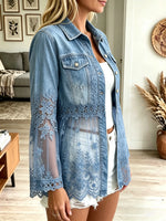 Women's Sheer Floral Lace Hem Denim Shirt Jacket