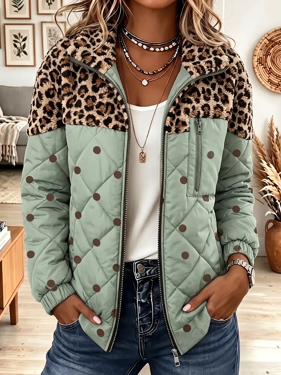Vintage Elegant Leopard Print Patchwork Quilted Winter Jacket