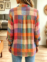 Retro Plaid Pattern Art Print Casual Stylish Long Sleeve Cotton Linen Shirt