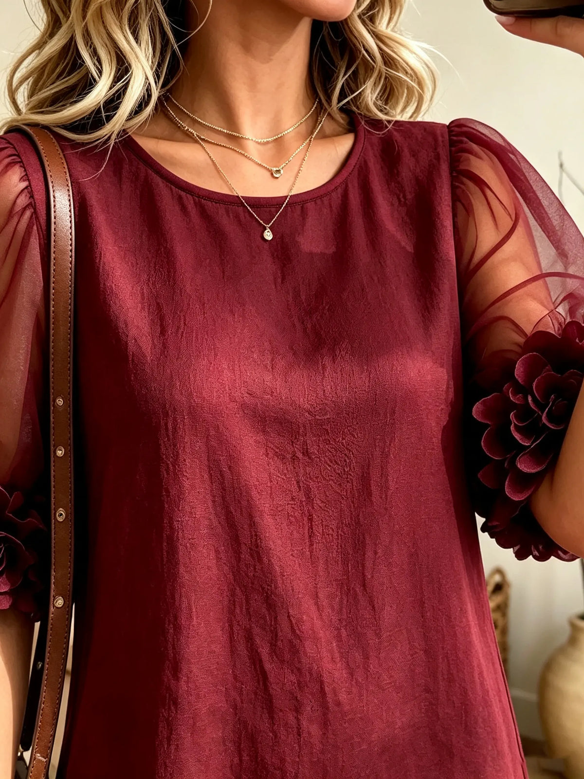 Women's 3D Floral Sheer Sleeve Shift Mini Dress