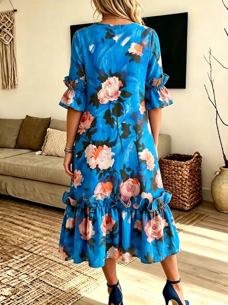Retro Floral Pattern Art Print Casual Ruffle Stylish Cotton Linen Dress