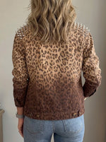 Women Gradient Leopard Print Denim Jacket Spiked Stud Shoulder Long Sleeve Outerwear With Pockets