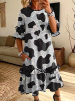 Retro Cow Shiny Pattern Art Print Casual Ruffle Stylish Cotton Linen Dress