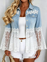 Retro Floral Lace Patchwork Casual Stylish Denim Lapel Coat
