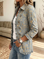 Women Vintage Bird Floral Print Ruffle Lapel Button Jacket