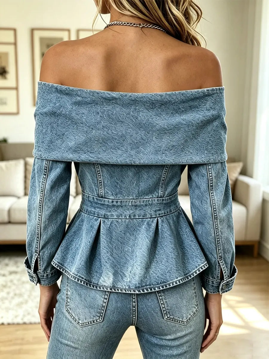 Retro Floral Off‑the‑shoulder Art Casual Stylish Long Sleeve Denim Shirt