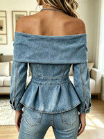 Retro Floral Off‑the‑shoulder Art Casual Stylish Long Sleeve Denim Shirt