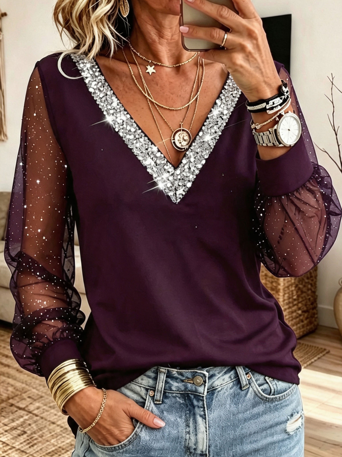Sequin V‑Neck Mesh Long Sleeve Blouse, Glitter Sheer Puff Sleeve Party Top