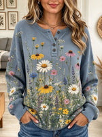 Women's Hazy Blue Wildflower and Daisy Botanical Print Henley Sweatshirt