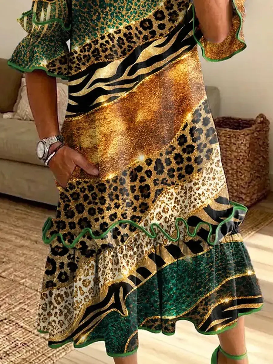 Retro Leopard Patchwork Pattern Art Print Casual Ruffle Stylish Cotton Linen Dress