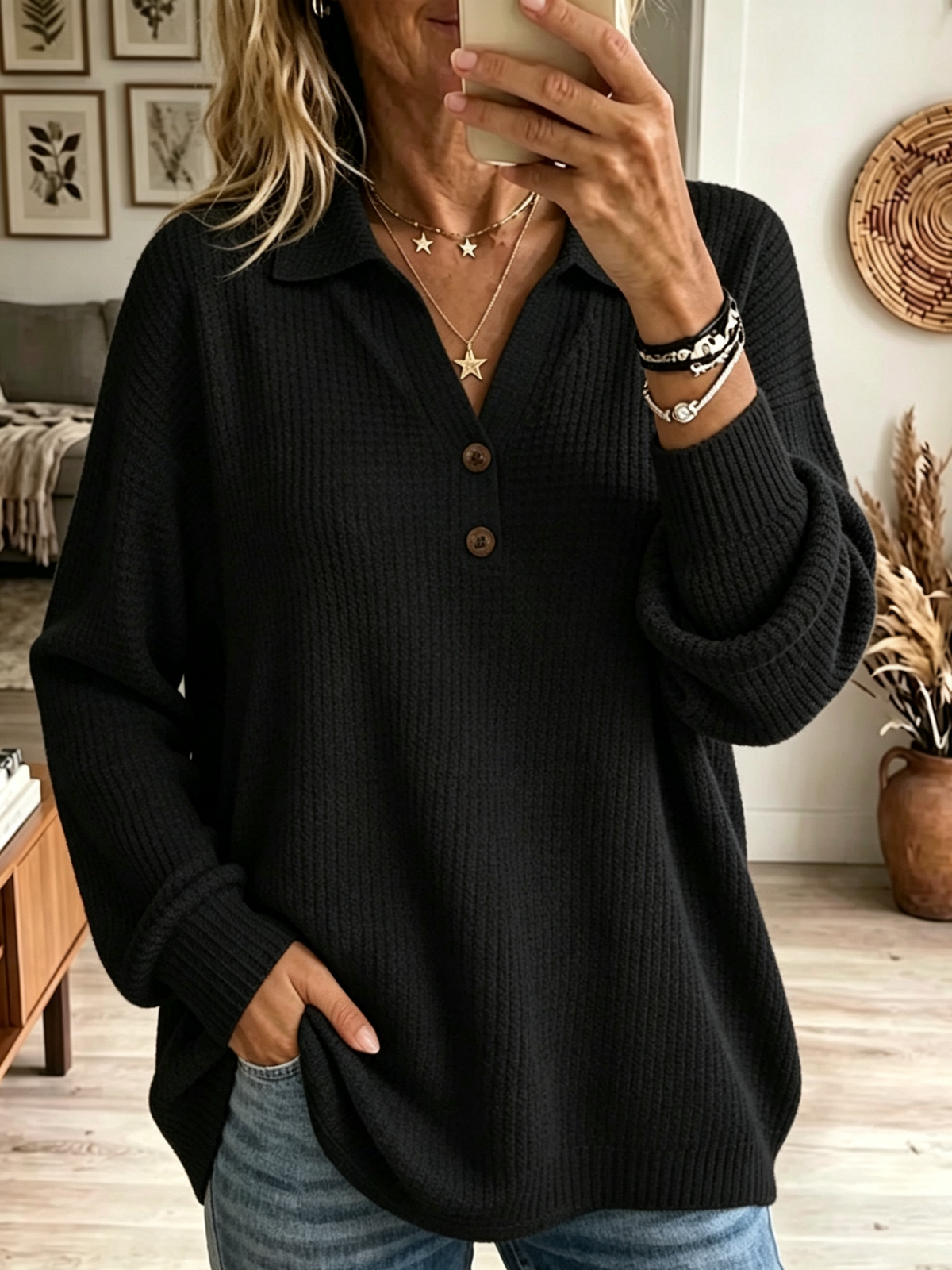 Women's Lapel Collar Henley Knit Sweater