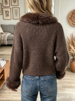 Women's Faux Fur Trim Tie-Front Cable Knit Cardigan