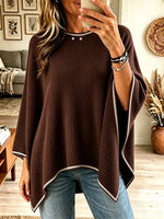 Women's Contrast Trim Batwing Ribbed Poncho Sweater