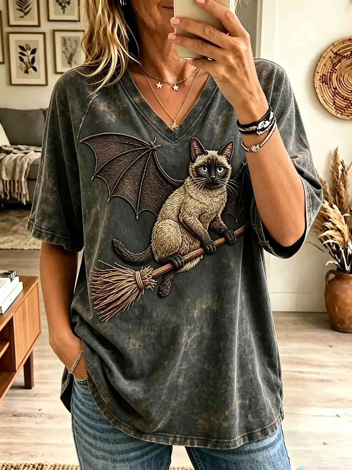 Women's Bat-Wing Siamese Cat Witch Broom T-Shirt