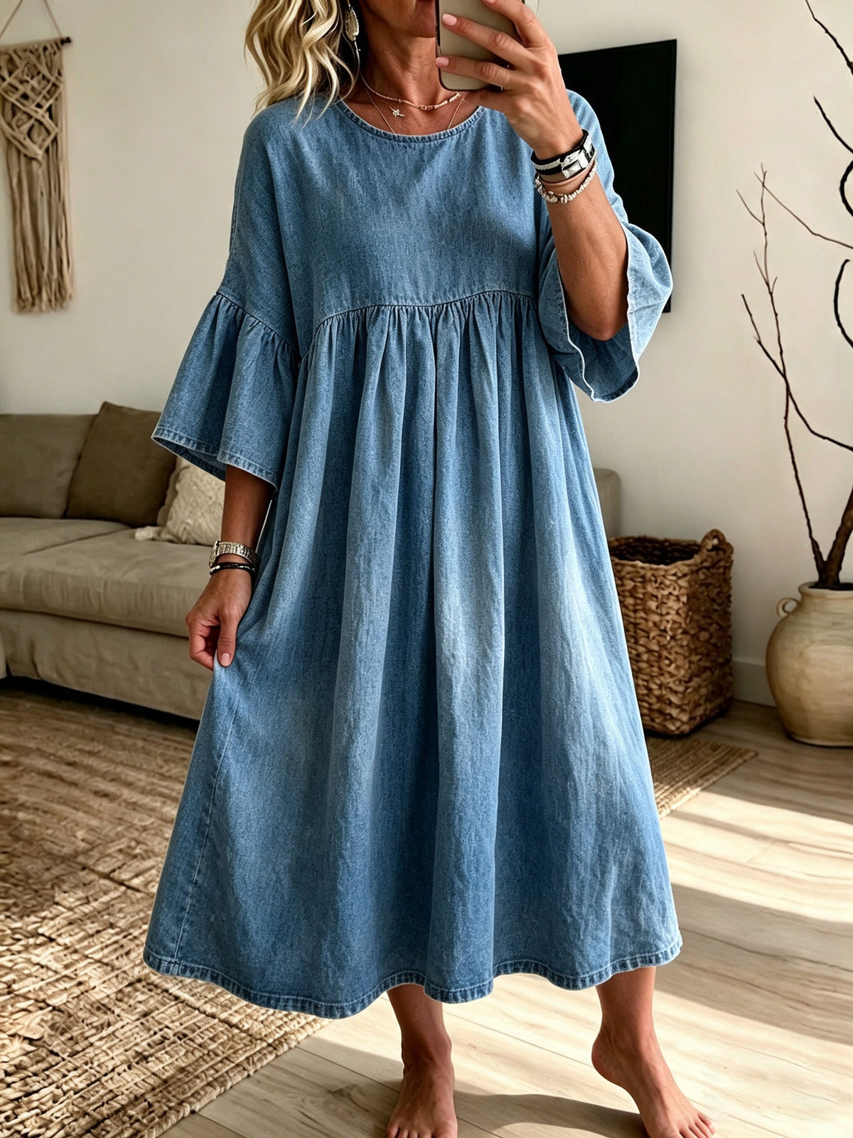Women Loose Denim Midi Dress Round Neck Bell Sleeve Babydoll Casual Dress