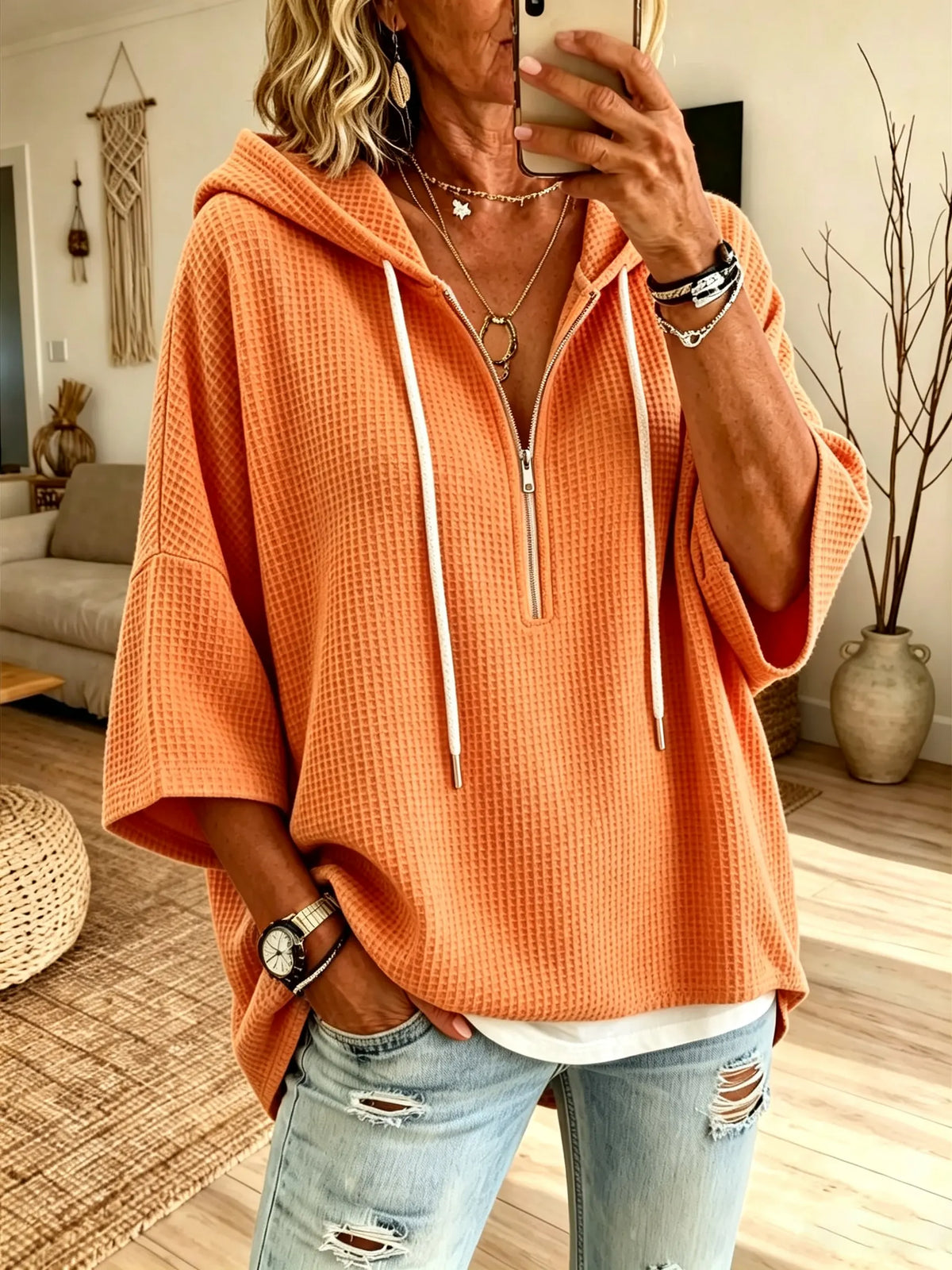 Women's Solid Waffle Knit Half Zip Hooded Short Sleeve Top
