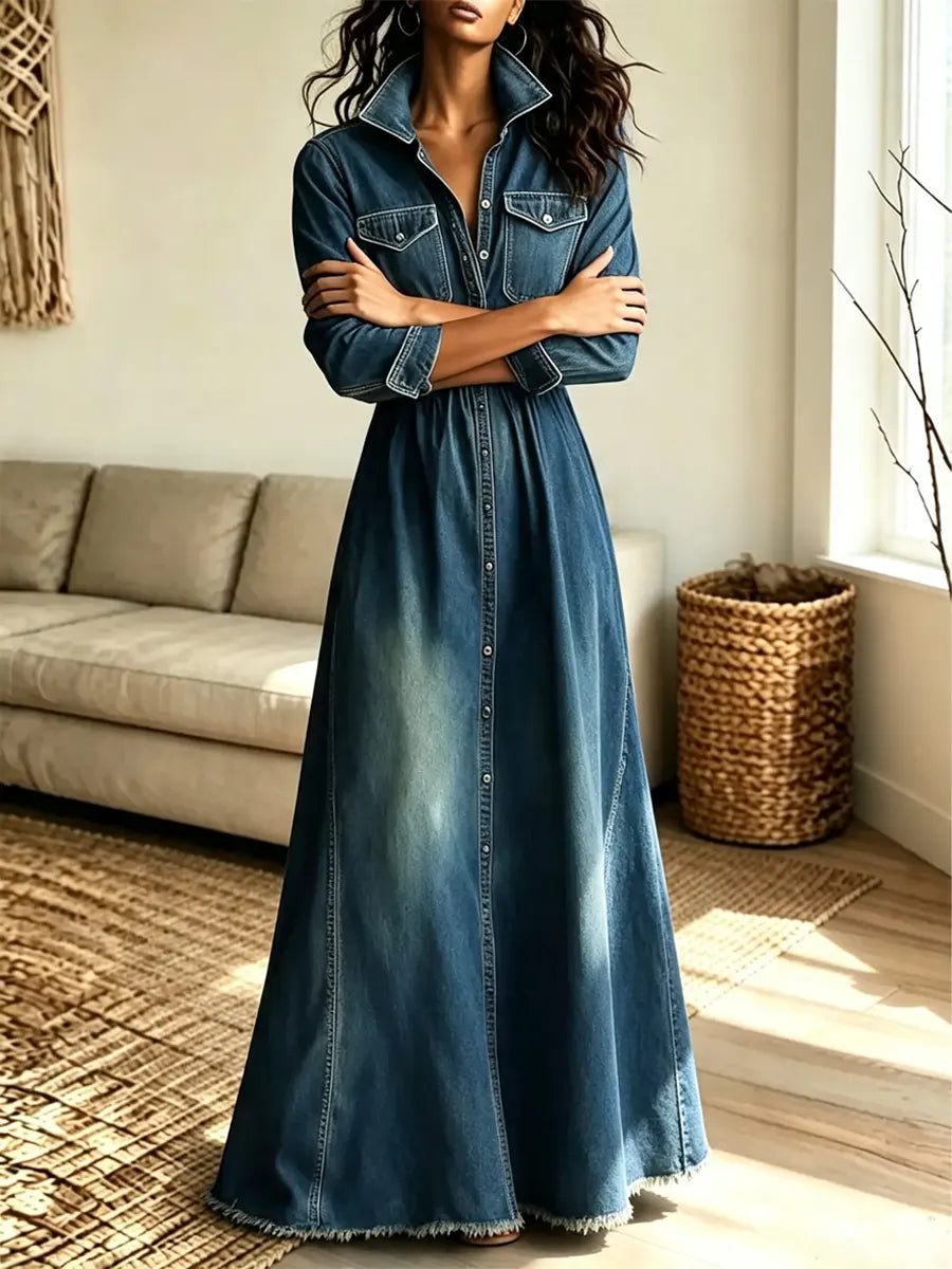 Retro Lapel Art Casual Button Stylish Long Sleeve Denim Maxi Dress