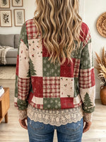 Women's Patchwork Snowman Graphic Print Lace Trim Top