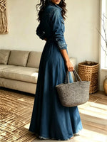 Retro Lapel Art Casual Button Stylish Long Sleeve Denim Maxi Dress