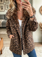 Women's Leopard Faux Fur Collar Denim Jacket