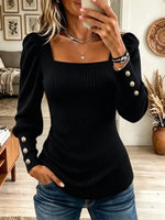 Women's Square Neck Puff Sleeve Button Ribbed Top